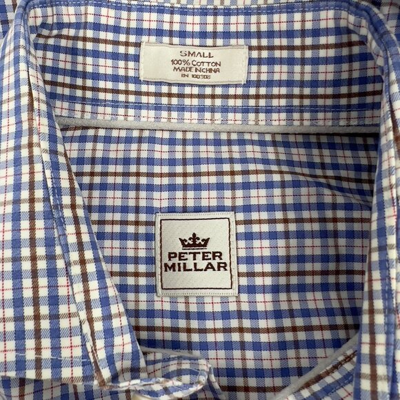 Peter Millar Mens Button-Down Shirt Small Blue Brown Checkered Long Sleeve 100% - Picture 5 of 8